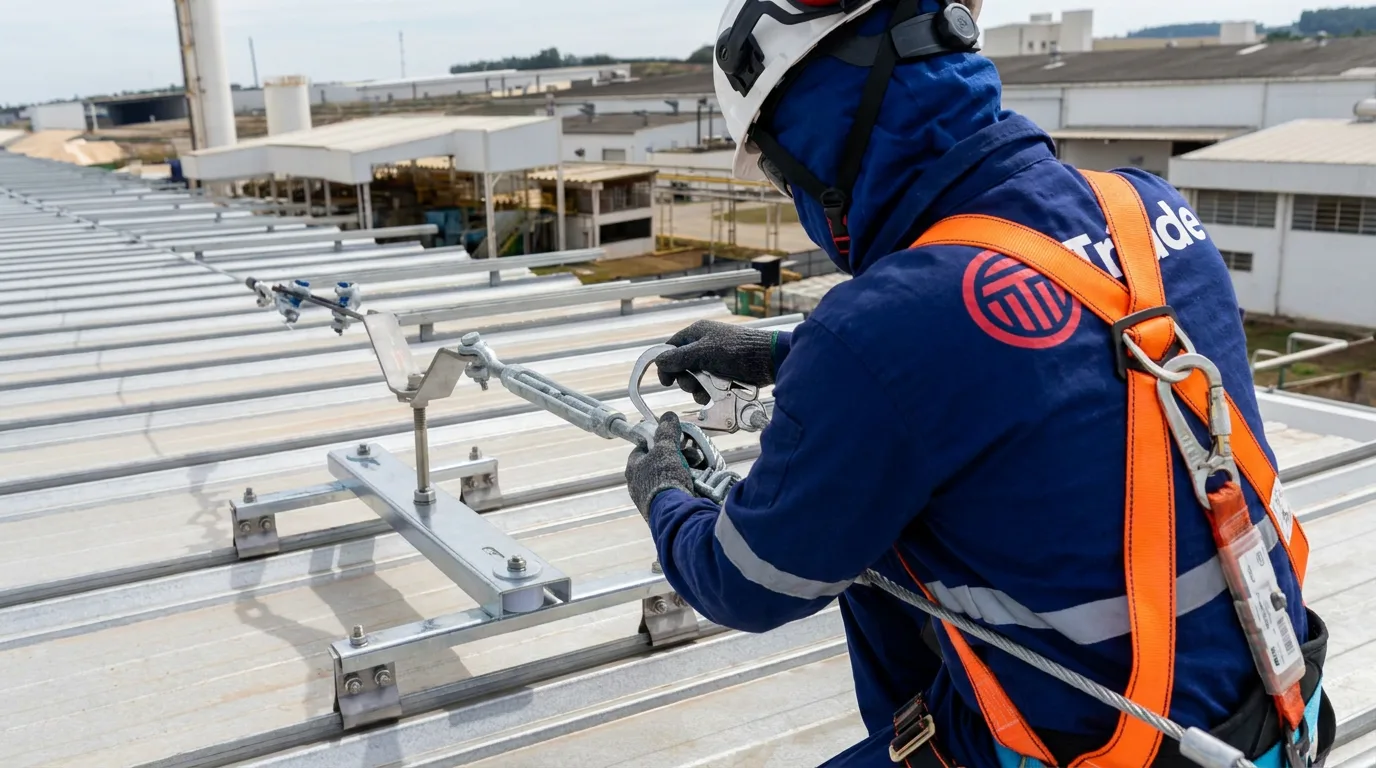 Trabalhador instalando linha de vida em cobertura industrial